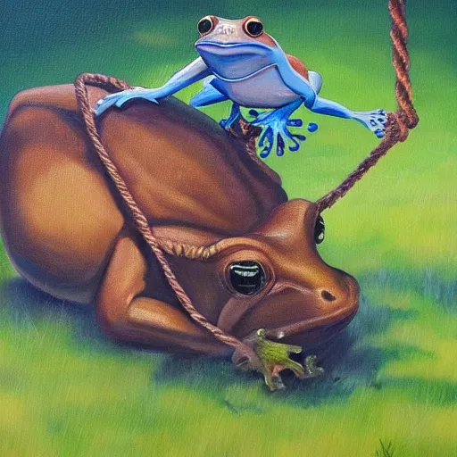 Image similar to a beautiful painting of singular frog graze a cow on a rope, trending on artstation