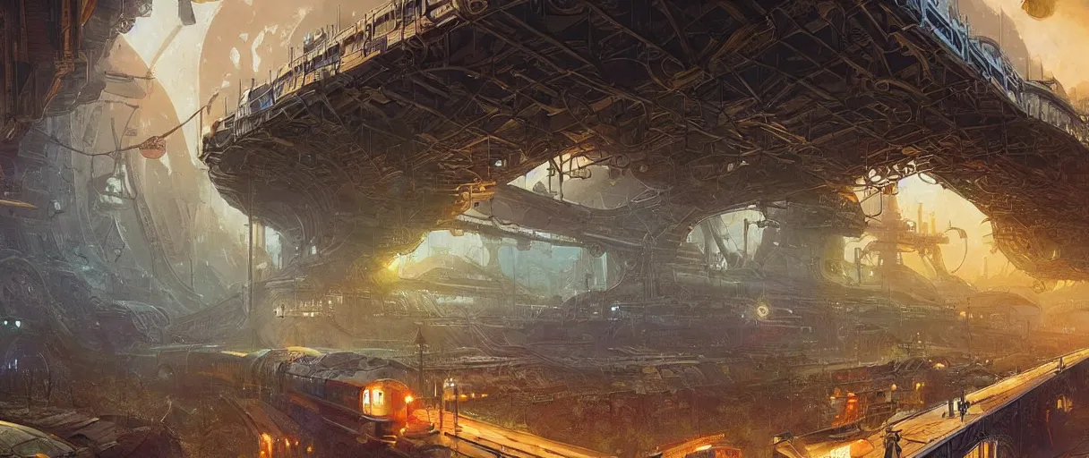 Prompt: A beautiful illustration of a retro futurism train station on another world by greg rutkowski| thomas kincade:.2 | Tim white:.3 | Rodney Mathews:.5 | Graphic Novel, Visual Novel, Colored Pencil, Comic Book:.2