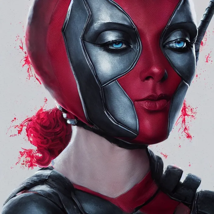 Image similar to charlize theron as lady deadpool. intricate abstract. intricate artwork. by tooth wu, wlop, beeple, dan mumford. octane render, trending on artstation, greg rutkowski very coherent symmetrical artwork. cinematic, hyper realism, high detail, octane render, 8 k, iridescent accents