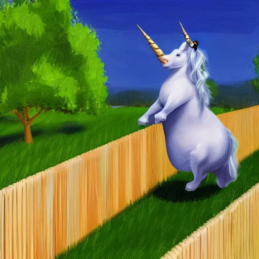 Image similar to an overweight unicorn hopping over a fence, digital painting