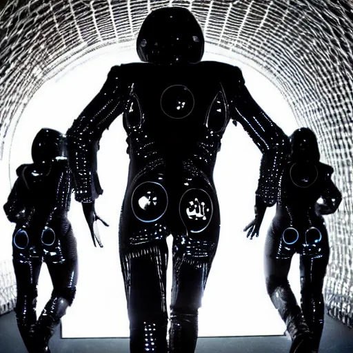 Image similar to love, diverse black hole cybersuits, from behind, connection rituals, wide wide angle, vivid, elaborate, highly detailed, beautiful lighting