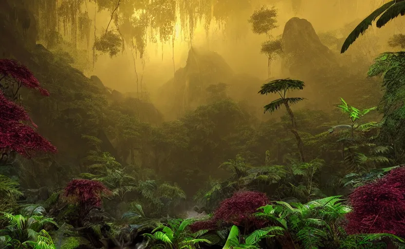 Image similar to a beautiful render of a dark prehistoric rainforest in a humongous cave, lush flora, patches of yellowish - red - magenta sky, sunset lighting, fireflies, floating mountains and a waterfall in the background, intricate detail, hazy, humid, volumetric lighting, god rays, 8 k, photorealistic, raytracing effects, unreal engine 5