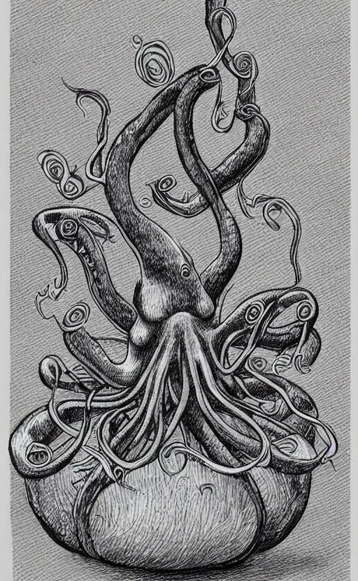 Image similar to highly detailed pencil illustration of octopus eating a burger, symmetrical, hd, trending, silk screen