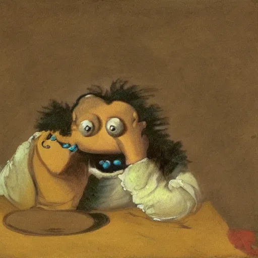 Image similar to cookie monster devouring his cookies, by francisco goya