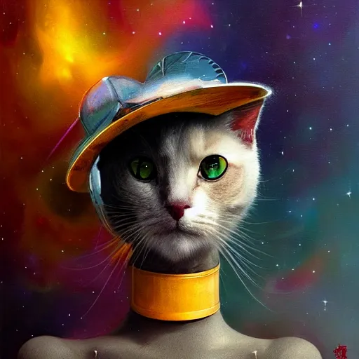 Image similar to a half robot cat wearing a hat medium shot, asymmetrical, profile picture, organic painting, nebula, matte painting, bold shapes, hard edges, street art, trending on artstation, by huang guangjian and gil elvgren and sachin teng