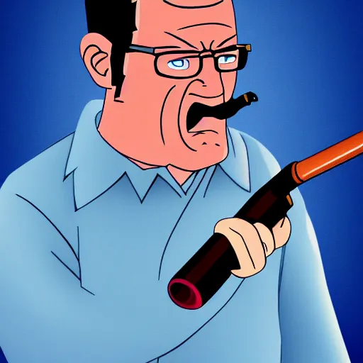 Image similar to angry hank hill with shotgun, extreme detail, studio light, photorealistic, live action, movie still, cinematic, bruised face, soft focus, well edited, 8 k, atmospheric, cigar,