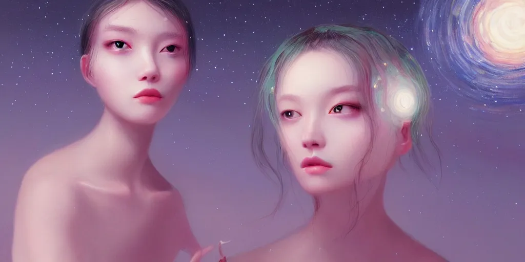 Image similar to breathtaking delicate detailed concept art painting beauty faces with starry night inside, by hsiao - ron cheng, bizarre compositions, exquisite detail, pastel colors, 8 k