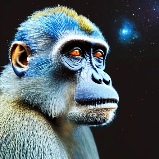 Image similar to wise blue monkey looking out over the universe, melancholy, oil on canvas, intricate, 8 k highly professionally detailed, hdr, cgsociety