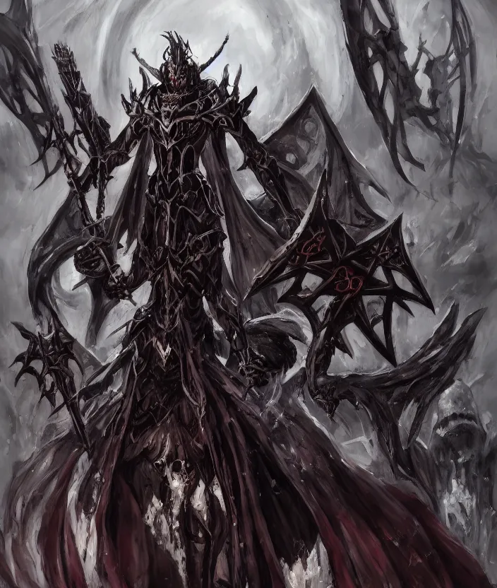 Image similar to anime ainz ooal gown from overlord wears daedric armor surrounded by his army of undead, oil painting!!!, runes, overlord!!!, magic, dark, gloomy, portrait, concept art, symmetrical, 4 k, macro detail, stride, realistic shadows, concept art, bloom, cosplay, elderscrolls, anime, dviant art