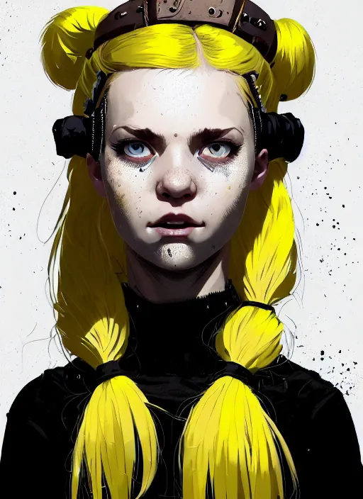 Image similar to highly detailed closeup portrait of a sewer punk pretty swedish female road warrior student, tartan garment, blonde hair pigtails with headband by atey ghailan, by greg rutkowski, by greg tocchini, by james gilleard, by joe fenton, by kaethe butcher, gradient yellow, black, brown and white color scheme, grunge aesthetic!!! white graffiti tag wall background