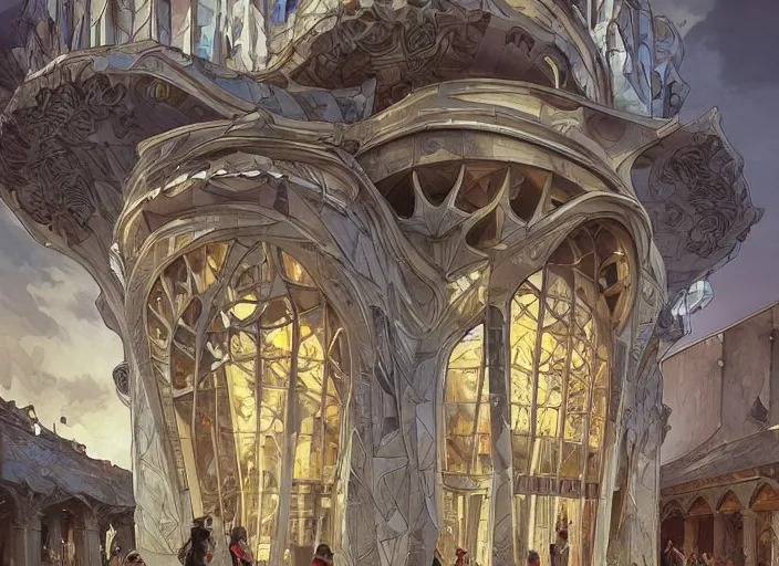 Image similar to mercedes exhibition center exterior designed by antoni gaudi, and concept art by artgerm, greg rutkowski, alphonse mucha