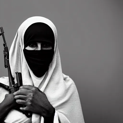 Prompt: 8 k uhd black and white portrait from burqa woman carrying a riffle's, uhd details, national geography winning photo contest