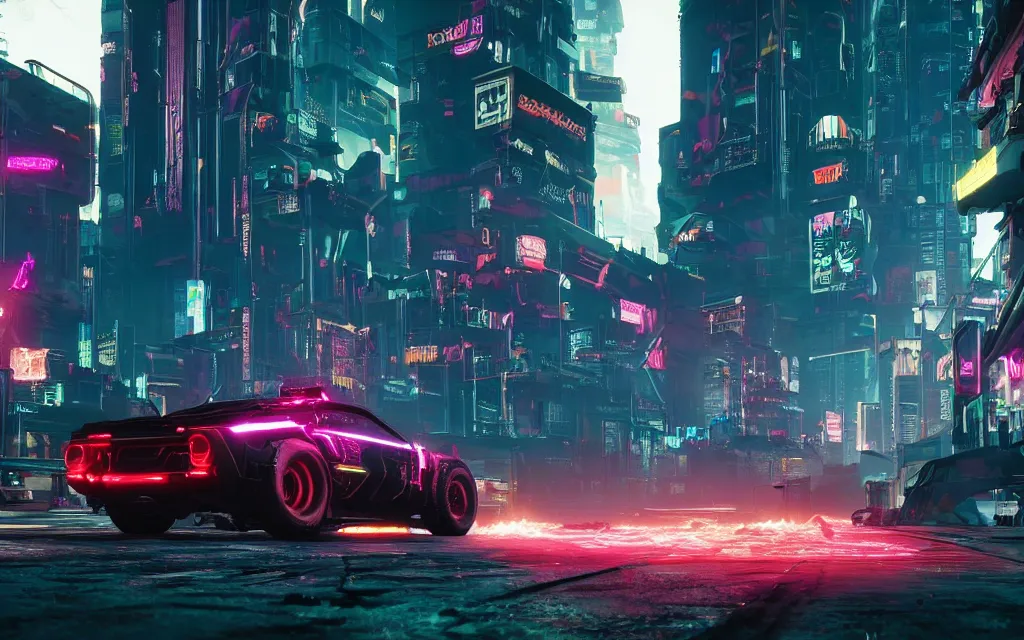 Image similar to Cyberpunk 2077 car Quadra Turbo-R V-Tech, driving down dusty city dystopian, long distance shot , by Mead, Syd