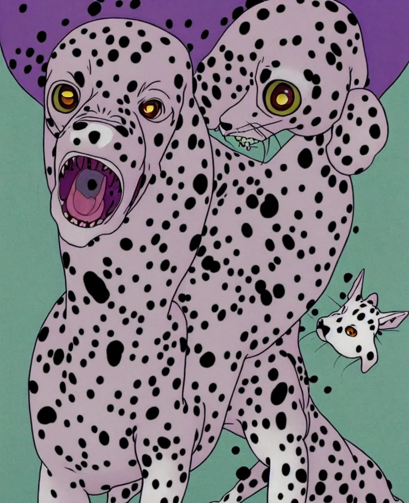 Prompt: beautiful painting from the anime film by studio ghibli, purple anthropomorphic Dalmatian, snarling, drooling, fur, by MC Escher