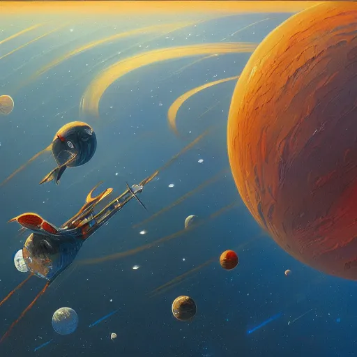 Prompt: painting of space, robert mccall, rick guidice, noah bradley, jim burns, les edwards, james gilleard, very coherent, extremely detailed, 4 k resolution, hd