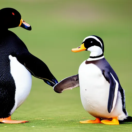 Prompt: a duck is boxing a penguin, penguin vs duck
