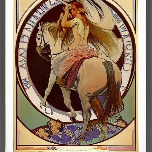 Prompt: A blonde horsewoman by Alphonse Mucha