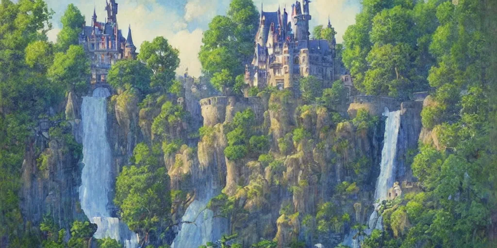 Prompt: a castle in the sky,painting,art nouveau,moat into waterfall