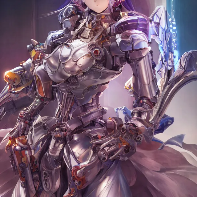 Image similar to studio portrait of lawful good colorful female holy mecha paladin absurdly beautiful, elegant, young cute anime girl, ultrafine hyperrealistic detailed face illustration by kim jung gi, irakli nadar, intricate linework, sharp focus, bright colors, matte, octopath traveler, final fantasy, unreal engine highly rendered, global illumination, radiant light, intricate environment