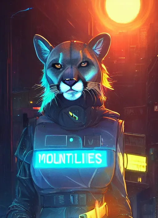 Image similar to beautiful portrait commission of a female furry anthro mountain lion wearing a bullet proof vest and cargo pants. Cyberpunk city at night in the rain. Neon light. Atmospheric. Character design by charlie bowater, ross tran, artgerm, and makoto shinkai, detailed, inked, western comic book art