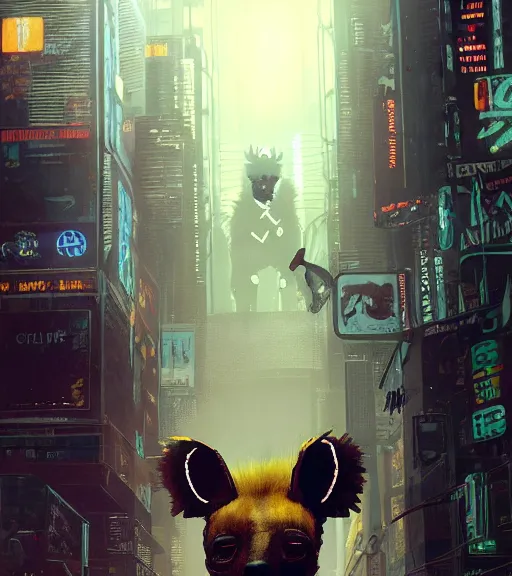 Image similar to new york city portrait icon of furry anthro anthropomorphic spotted hyena head animal person fursona wearing clothes strange cybernetic metal muzzle gloomy rainy screenshot from the video game cyberpunk 2077 maelstrom digital art by Greg Rutkowski, Simon Stalenhag, christopher nolan trending on Artstation, CGSociety, Bladerunner 2049