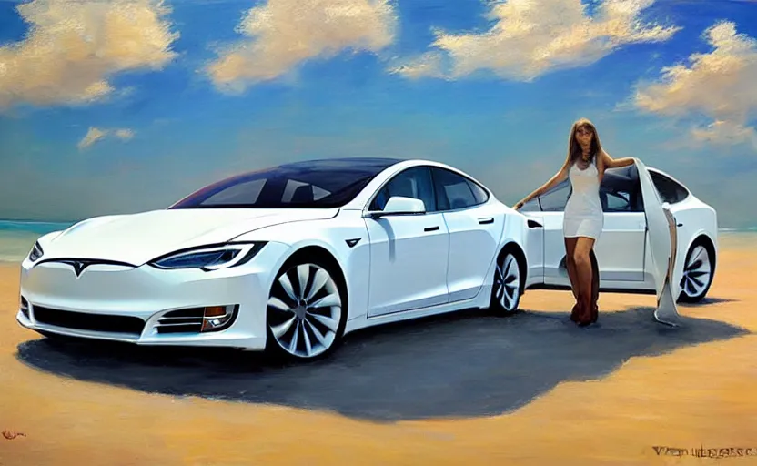 Prompt: new white tesla model s on a cosmic beach by vladimir volegov