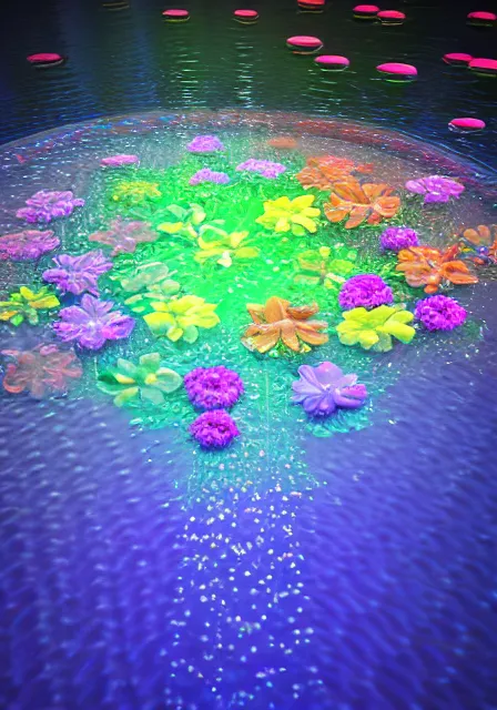 Image similar to 3d render of holographic flowers floating in water, digital art, octane renter, hd, 8k, hyperrealistic, highly detailed, trending on behance