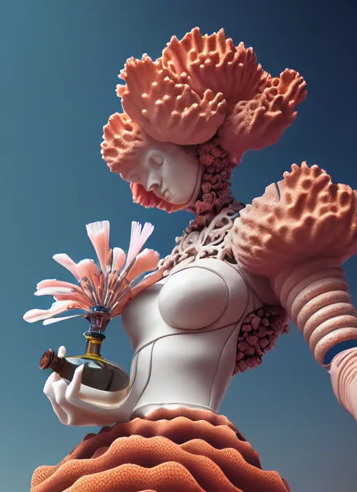 Image similar to biomechanical corals, daisies, well contoured smooth fair walls with marble statue carrying a bottle of perfume, up close shot, sharp focus, global illumination, radiant light, alexandre ferra white mecha, irakli nadar, octane highly render, 4 k, ultra hd,