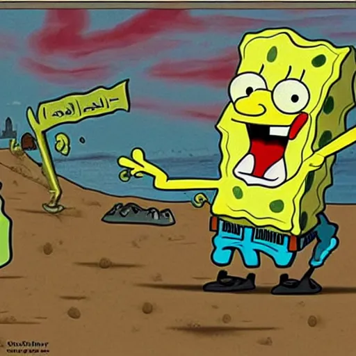 Prompt: spongebob invading of Iraq l historical image circa 2003, photo, still, photorealistic