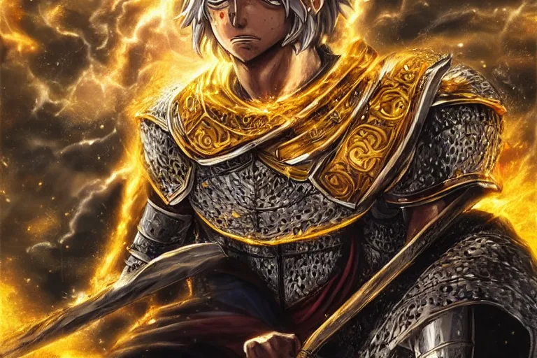 Image similar to an ultra detailed portrait of king richard the lionhearted as a paladin shonen anime protagonist charging into battle wearing bright gold armor and huge flaming longsword blessed by god, epic anime fantasy, 8 k, volumetric lighting, smooth, highly detailed, digital illustration, art by kentaro miura and akira toriyama and artgerm