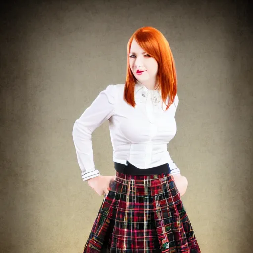 Prompt: a photorealistic detailed long shot, full - body of a beautiful scottish woman in cape breton tartan skirt in steampunk style