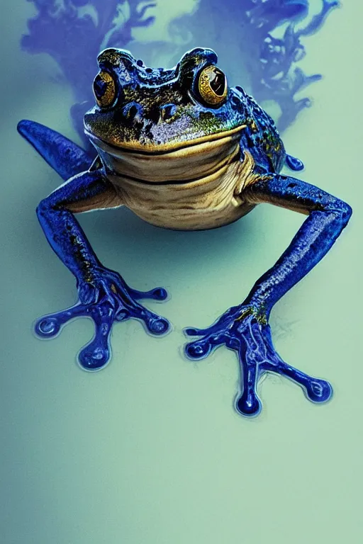 Image similar to a fancy portrait of a monstrous frog covered in blue flames by Greg Rutkowski, Sung Choi, Mitchell Mohrhauser, Maciej Kuciara, Johnson Ting, Maxim Verehin, Peter Konig, Bloodborne , 8k photorealistic, cinematic lighting, HD, high details, atmospheric , trending on artstation
