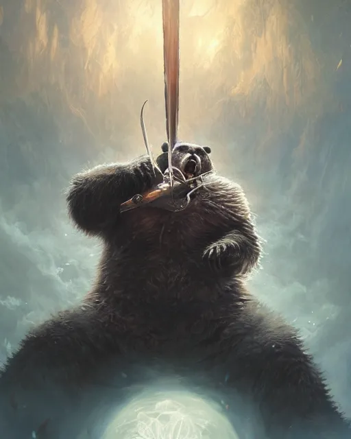 Image similar to Laughing Bear Musician, magic the gathering artwork, D&D, fantasy, cinematic lighting, centered, symmetrical, highly detailed, digital painting, artstation, concept art, smooth, sharp focus, illustration, volumetric lighting, epic Composition, 8k, art by Akihiko Yoshida and Greg Rutkowski and Craig Mullins, oil painting, cgsociety