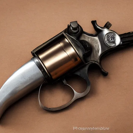 Prompt: product photography of a steampunk revolver