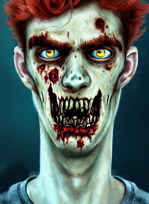 Image similar to portrait of zombie teenage archie andrews, red hair, curly hair, curly middle part, freckles, photorealistic, zombie, rotting skin, blind eyes, white eyes, zombie, intricate, elegant, orange, glowing lights, highly detailed, digital painting, artstation, concept art, sharp focus, illustration, art by wlop, mars ravelo and greg rutkowski