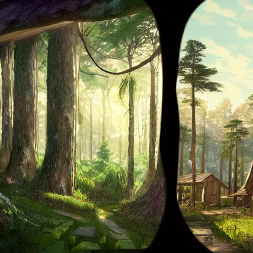 Image similar to concept art painting of treehouses made out of trees, trees with doors and windows in a deep forest, realistic, detailed, cel shaded, in the style of makoto shinkai and greg rutkowski and james gurney