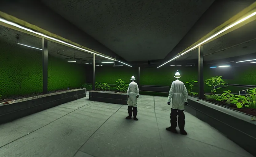 Image similar to in-game screenshot of a group of hazmat scientists on unreal engine 5, in a liminal underground garden, photorealistic, retrofuturism, brutalism, staggered terraces, minimalist, soft vintage glow