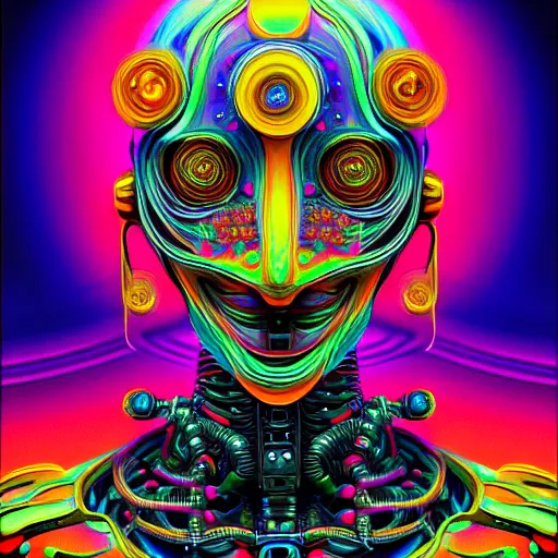 Image similar to An extremely psychedelic portrait of a robot, surreal, LSD, face, detailed, intricate, elegant, lithe, highly detailed, digital painting, artstation, concept art, smooth, sharp focus, illustration