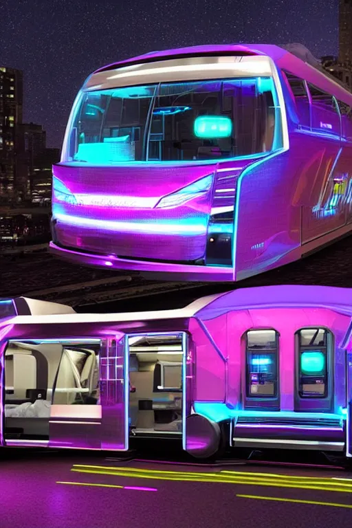 Image similar to photo of a futuristic nightliner tourbus outside in new york at night, printed band name on the nightliner is tripmachine, realistic digital art, textured with a 3 d render of a huge futuristic steampunk generator, 8 k, fluorescent colors, halluzinogenic, multicolored, exaggerated detailed, unreal engine