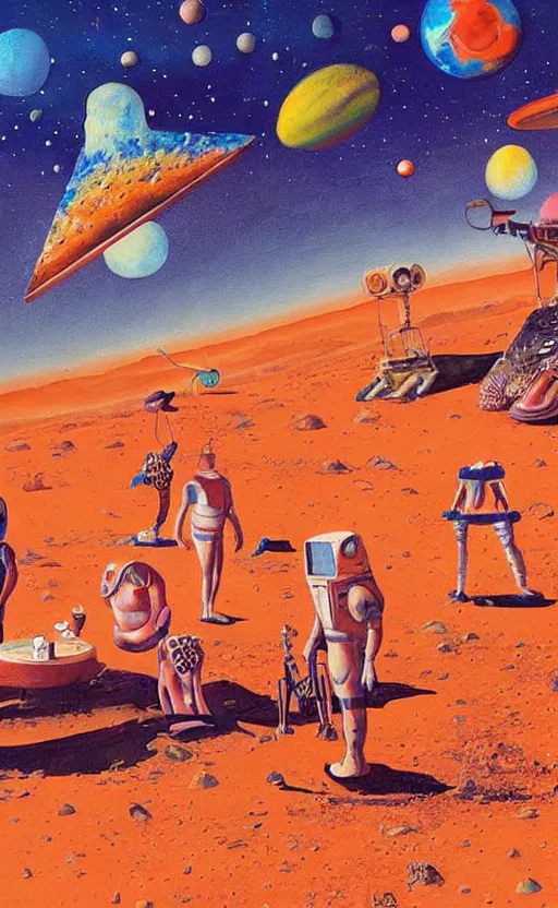 Prompt: a surreal painting of a flamboyant party on the surface of mars