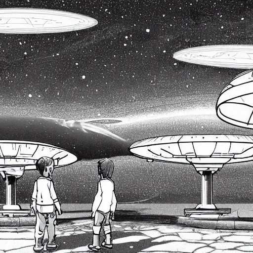 Prompt: highly detailed cell - shaded cartoon landscape with two boys looking at a miniature ufo 1 9 8 0 s science fiction, 1 9 7 0 s science fiction, cyberpunk, moody, misty, depth perception, 4 k, artstation, in the style of studio ghibli