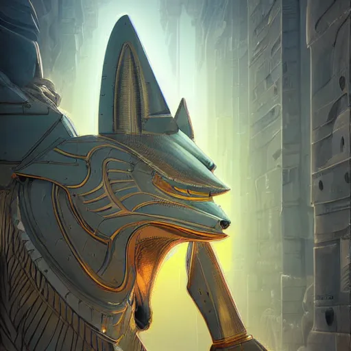 Prompt: cybernetic anubis egyptian wolf made of steel and gold in light armor, by ian pesty and alena aenami and makoto shinkai, concept art, matte painting, washed colors,