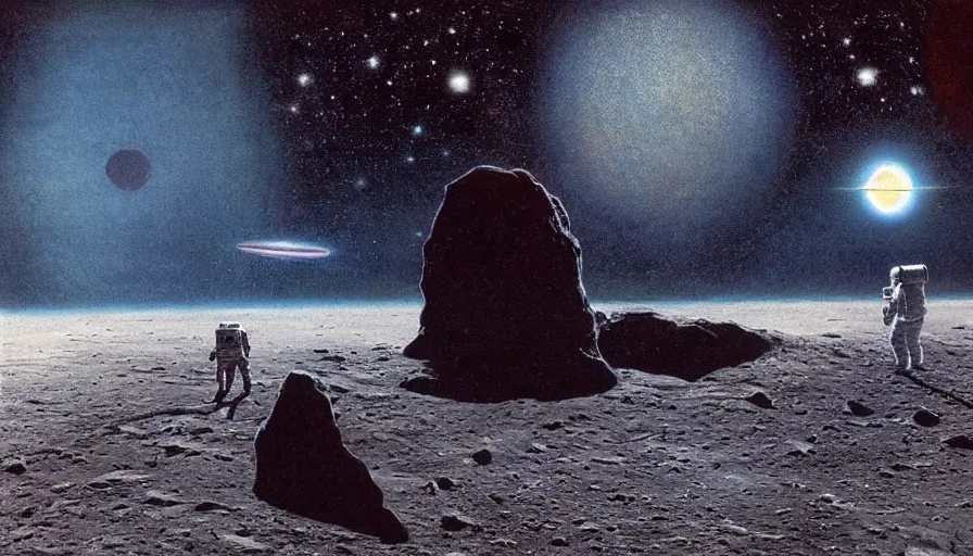 Prompt: an astronaut stands at the edge of an asteroid silhouetted by the light of a massive dying star, stars, wide shot, outer space, night sky, high contrast, highly detailed, natural volumetric lighting, 70s retro scifi art, art by jim burns and bruce pennington