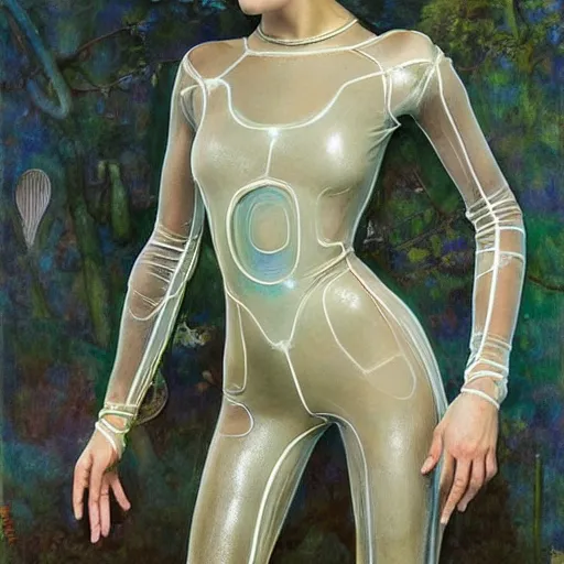 Prompt: full body portrait of a beautiful woman wearing a transparent plastic skin tight jumpsuit, Edgar Maxence and Ross Tran and Michael Whelan and Gustav Klimpt