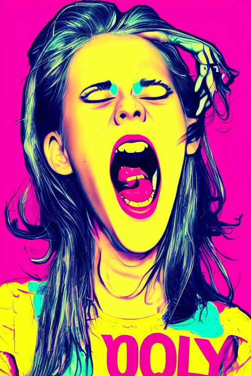 Prompt: girl screamin yolo - aesthetic, reduce duplicated object, 4 k, illustration, comical, acrylic paint style, pencil style, torn cosmo magazine style, pop art style, ultrarealism, by mike swiderek, jorge lacera, ben lo, tyler west