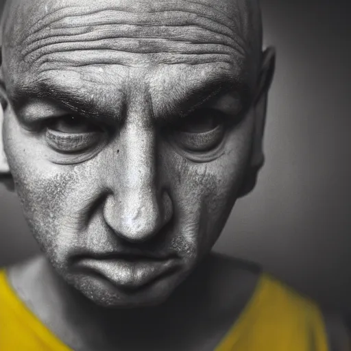 Image similar to portrait photo of a yellow man with yellow skin who is bald with wrinkles and stubble, he wears blue overalls and no shirt, he looks like a human minion, he has big bubbly silver goggle, moody cinematic lighting, realistic facial features, hyper detailed, crisp image, leica, 2 4 mm lens