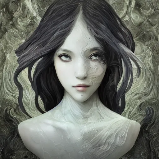 Prompt: “a delicate renaissance marble sculpture covered with water veil, highly detailed transparent marble cloth, a beautiful girl with long black hair in, island background, intricate, highly detailed, digital painting, artstation, official media, anime key visual, concept art, rich vivid colors, ambient lighting, sharp focus, illustration, art by Artgerm, Makoto Shinkai, Ilya Kuvshinov, Lois Van Baarle, and Rossdraws, gi, global illumination, physically based rendering, photorealistic, top light , dark background”