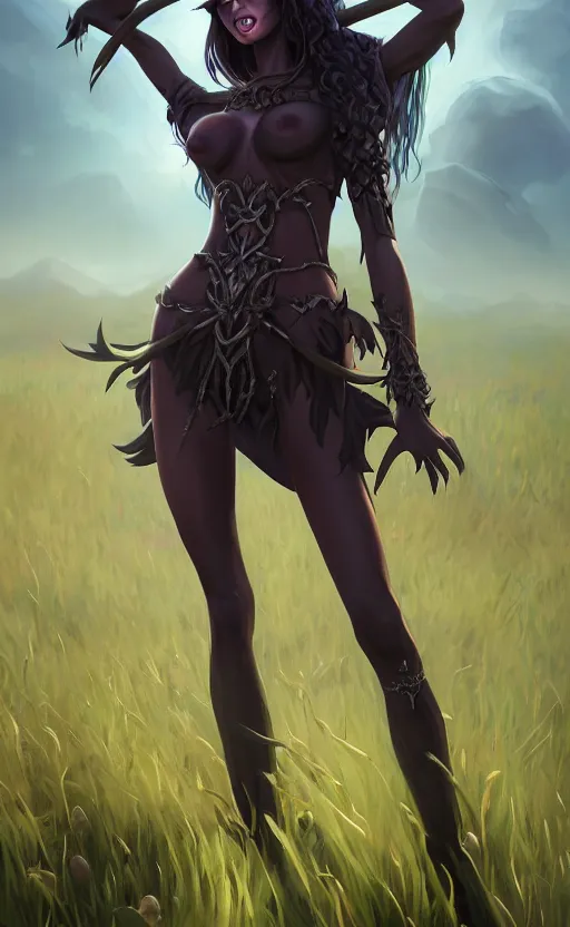 Image similar to medium shot of dark elf witch in field, sunny, highly detailed, d & d, fantasy, highly detailed, digital painting, trending on artstation, concept art, sharp focus, illustration, global illumination, ray tracing, realistic shaded, art by artgerm and greg rutkowski and fuji choko and viktoria gavrilenko and hoang lap