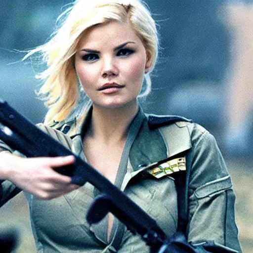 Prompt: elisha cuthbert as a soldier in a scifi battlefield