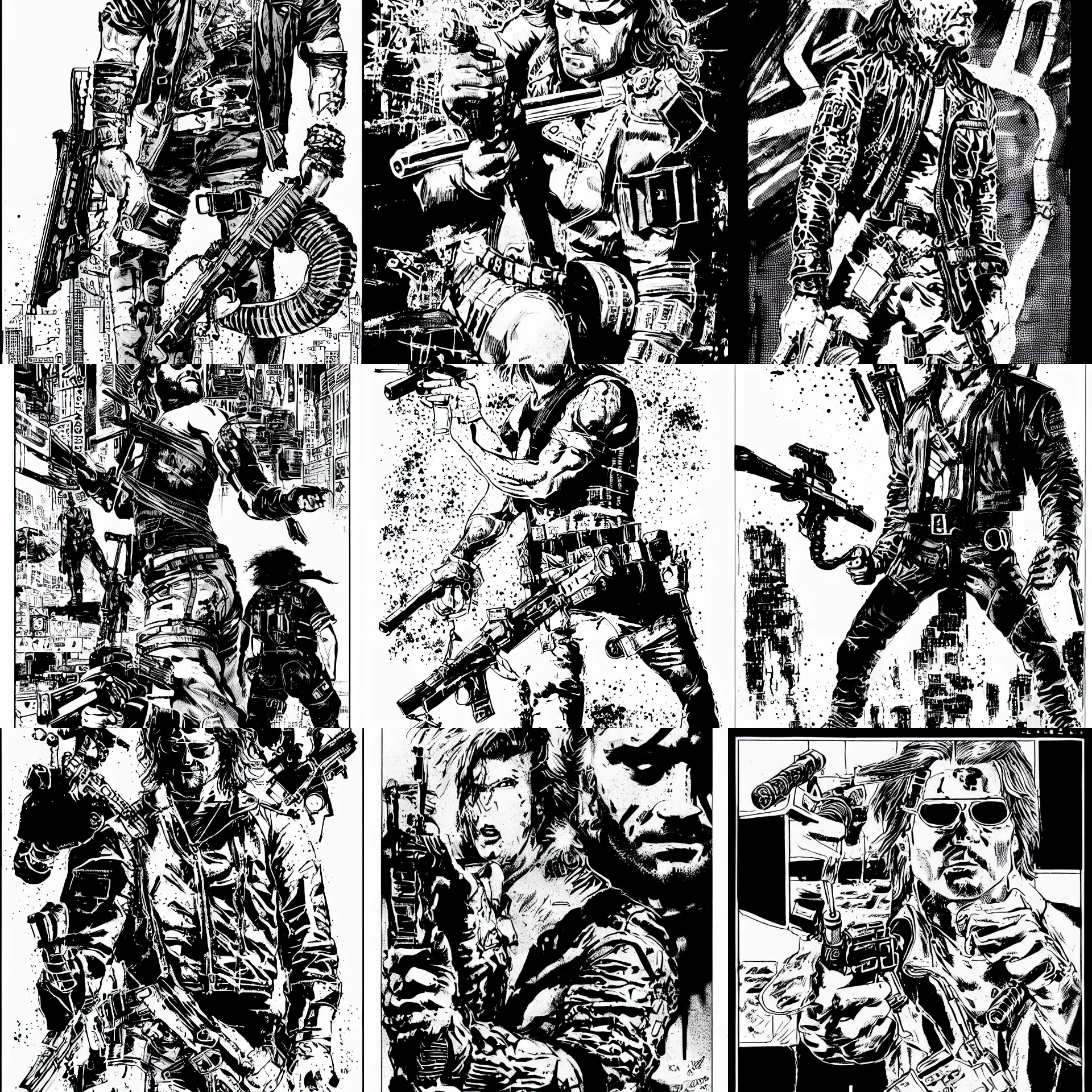 Prompt: snake plisken, heroic pose, a page from cyberpunk 2 0 2 0, style of paolo parente, style of mike jackson, 1 9 9 0 s comic book style, plain background, ink drawing, black and white